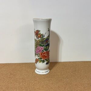 💐Vintage Hand Painted Floral Peacock Porcelain Bud Vase White 6.5x2” Japan